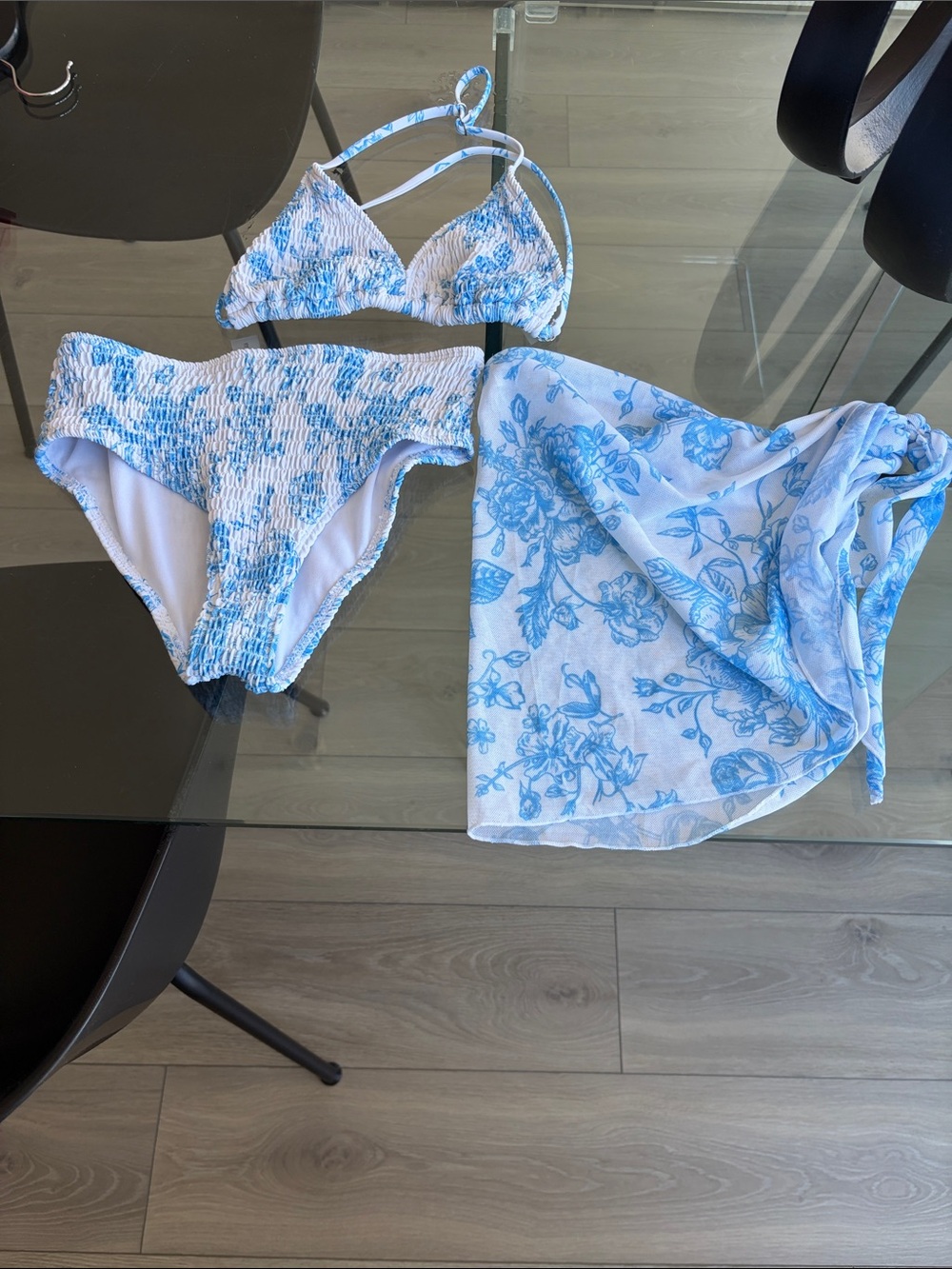 SHEIN Blue and White Floral Kids Bikini with Matching Cover-Up